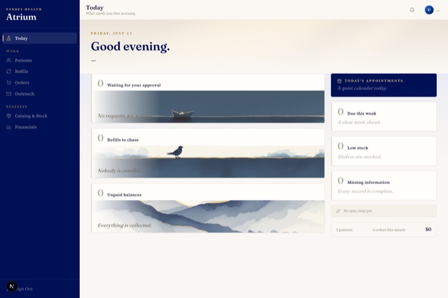Internal practice software: the morning dashboard showing approvals, refills and unpaid balances.