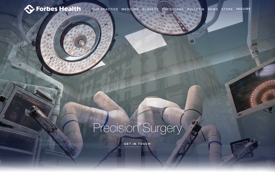 A practice website we built: full-bleed surgical-suite hero, practice navigation across the top.