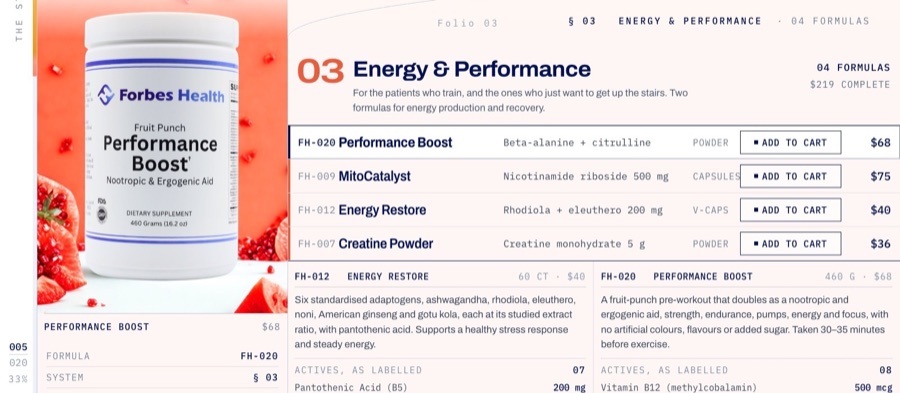 The online store: a product page listing formulas with actives, sizes and prices.