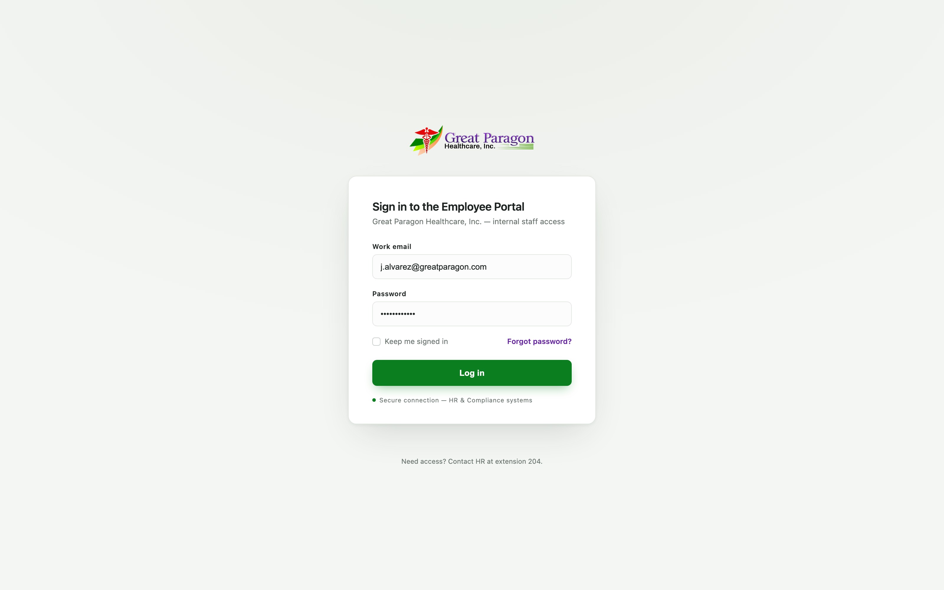 Employee portal login screen